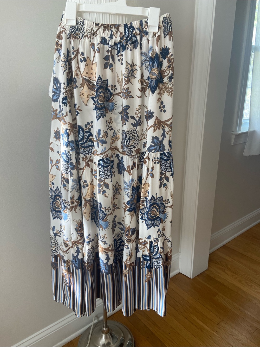 Boho Floral Maxi Skirt - Blue & Brown on Cream